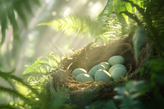 Photorealistic dinosaur nest scene with eggs in lush forest environment - Powered by Adobe
