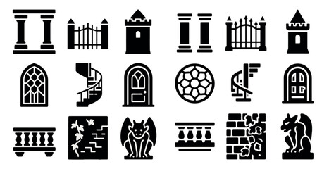 Castle and architecture solid icons set – silhouette, filled, historic building elements