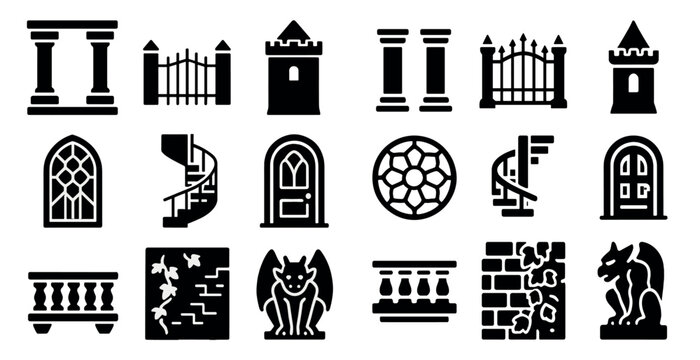 Castle and architecture solid icons set &ndash; silhouette, filled, historic building elements