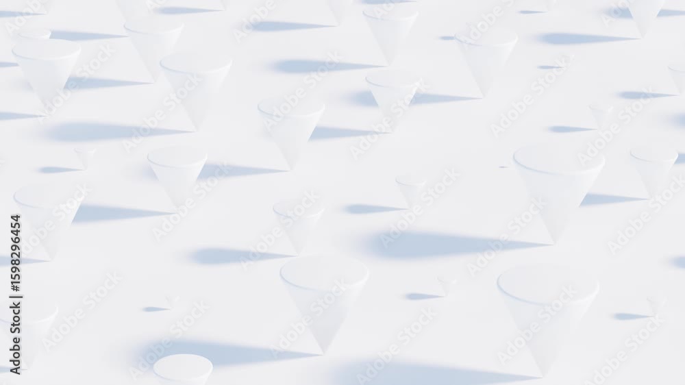 Poster white monochromatic 3d abstract background with inverted cones of various sizes in orderly rows – se