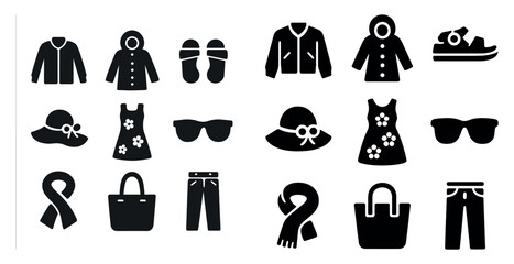 Fashion and clothing silhouette icons set – solid, filled, style and apparel symbols