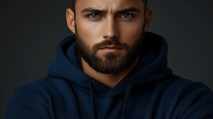 Obraz premium Close-up portrait of a man with a beard and a navy blue hoodie.