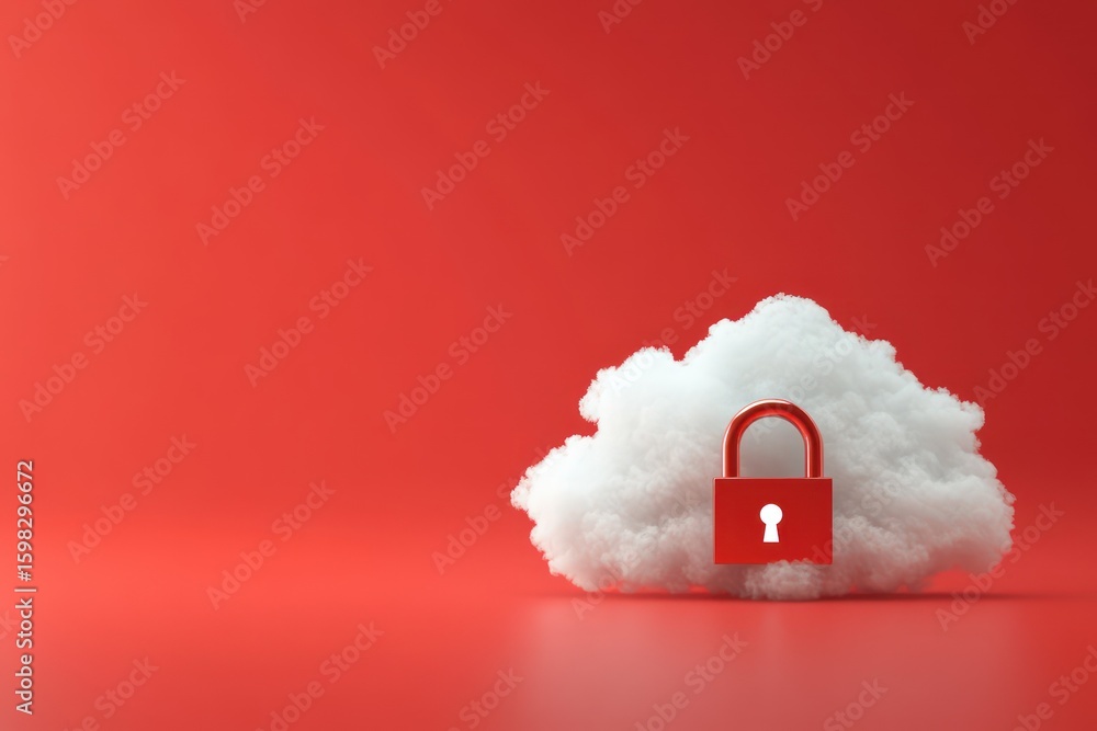 Poster 3d cloud with padlock on red background for data protection