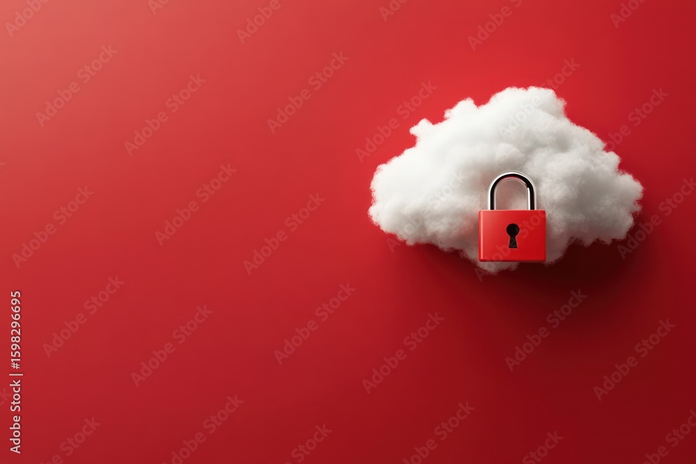 Poster 3d cloud with padlock on red background for data protection
