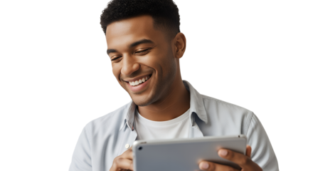 Smiling Man Using Tablet Isolated on White Background