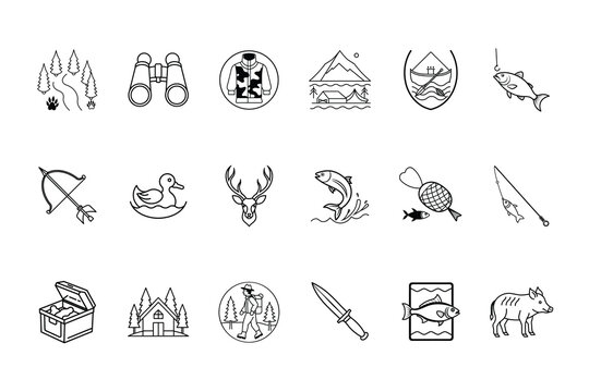 Set outline icons for hunting fishing activities equipment vector