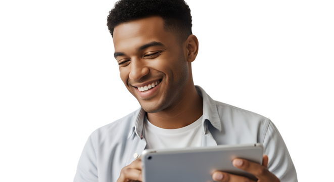 Smiling Man Using Tablet Isolated on White Background - Powered by Adobe