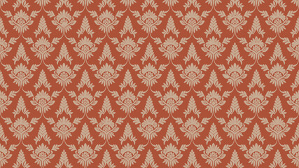 Repeating floral damask pattern in shades of beige and terracotta creates a vintage wallpaper design