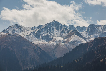 Majestic snow-capped mountains in the Tian Shan range of Kyrgyzstan, showcasing a stunning landscape with autumnal hues and evergreen forests.  A serene, breathtaking view of nature's grandeur.