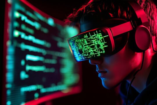 Futuristic technology warning: person with vr goggles targeted by malicious ai - cybersecurity concept