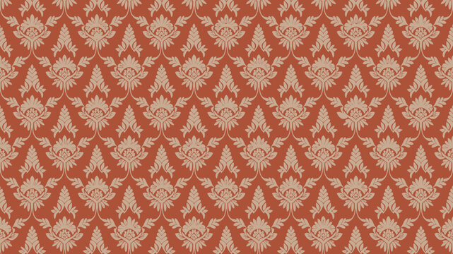 Repeating floral damask pattern in shades of beige and terracotta creates a vintage wallpaper design