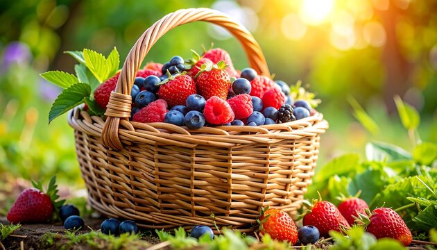 Fresh berries in a wicker basket outdoors