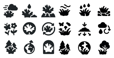 Nature and ecology solid icons set – filled, environment, sustainability symbols