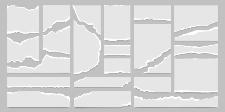 Retro torn paper sheet, ripped newspaper strip, text message banner background and grunge notebook page collection with brush stroke texture. Realistic label sticker or sticky note collage with shadow