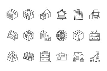 Warehouse inventory icons including boxes, bell, printer, clipboard, shelves, worker