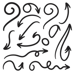 Collection of hand drawn black arrows and swirls on a white background direction curve