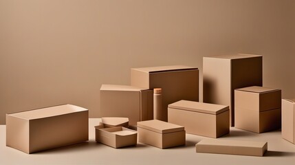Fototapeta premium Various sized cardboard boxes are scattered on a neutral surface, creating an organized display of packaging.