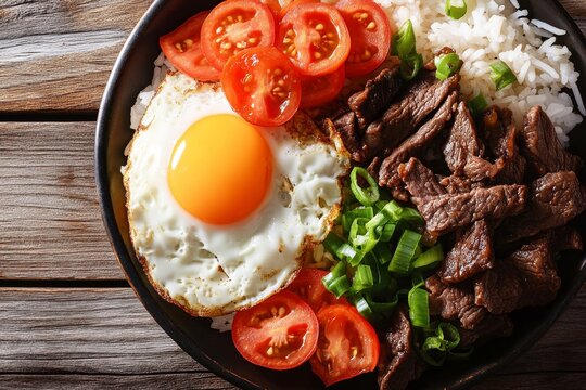 Delicious filipino tapsilog breakfast with garlic rice and fresh ingredients