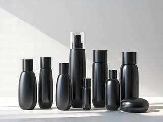 Collection of elegant black cosmetic bottles and containers arranged on a white surface with soft shadows