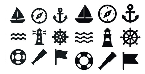 Nautical silhouette icons set – marine, maritime, ocean navigation symbols