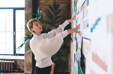 Confident woman freelancer arranges charts on strategy board with focus and clarity, illustrating...