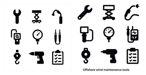 Offshore wind maintenance solid icons set &ndash; silhouette, tool, marine energy symbols
