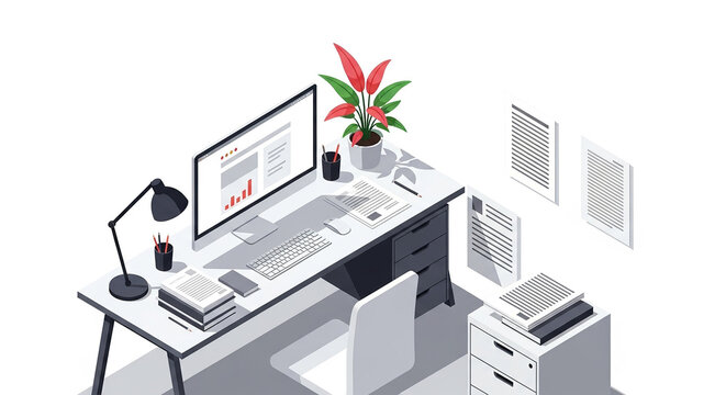 Modern office workplace or home office interior with desk and computer. Isometric vector background.