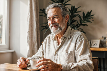 Happy senior man with gray hair and beard having coffee at a wooden table in warm light