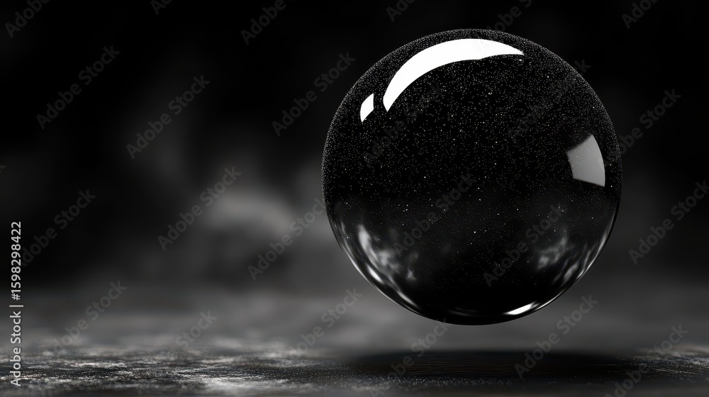Poster black sphere with sparkles floating above dark surface background