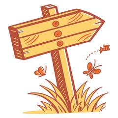 Cartoon Wooden Sign Board with Arrow – Bright Orange Vector Design with Grass Ai-Generated