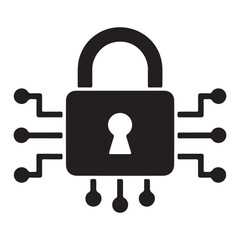 Digital security icon featuring a padlock with integrated circuitry and connection points symbolizing data protection