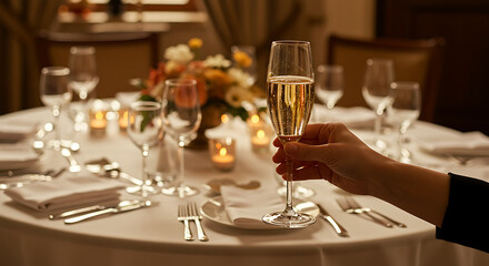 A hand raises a flute of sparkling champagne at an elegantly set dinner table with glowing candles and floral arrangements, ready for a celebration