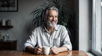 Smiling mature man enjoying a coffee by the window in a cozy home setting