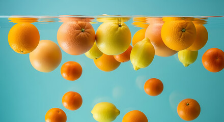 A dynamic display of fresh citrus fruits including oranges, lemons, and grapefruits, some floating and some sinking, in clear water against a bright blue background