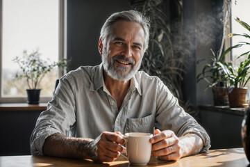 Portrait of relaxed elderly man drinking coffee in a modern home with natural light