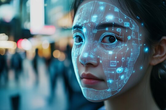 Advanced facial recognition technology with digital interface overlay in urban setting