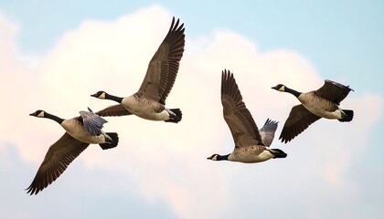 Obraz premium Four geese in flight against a pale sky