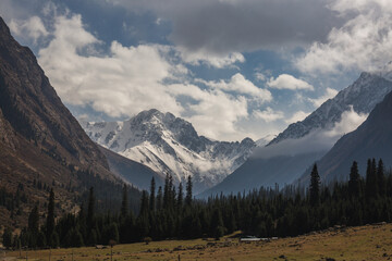 Majestic snow-capped mountains rise above a tranquil valley, showcasing a breathtaking landscape in...