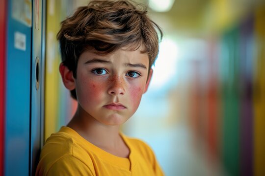 Sad Bruised Child in Bright Colorful Hallway