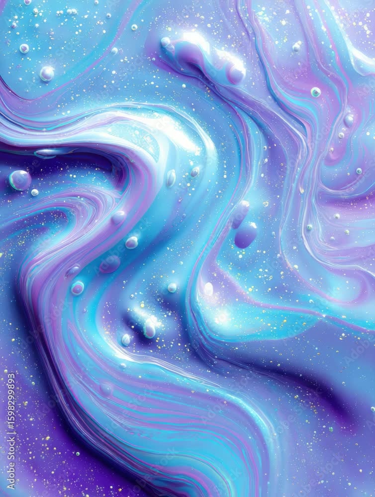 Poster liquid swirl with blue and purple bubbles and abstract background featuring shiny droplets creating 