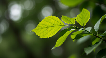 A close-up of vibrant green leaves on a branch, softly backlit by sunlight, creating a fresh and natural botanical image with blurred background.