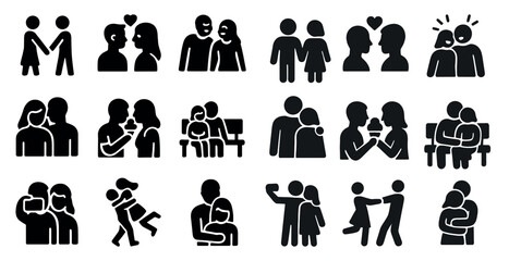 Relationships silhouette icons set &ndash; solid, filled, love and connection symbols