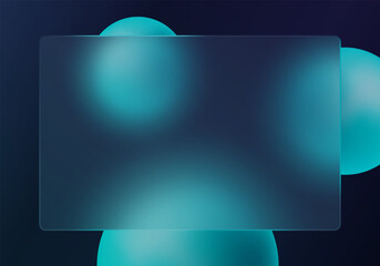 Glassmorphism panel with glowing blue spheres on dark background