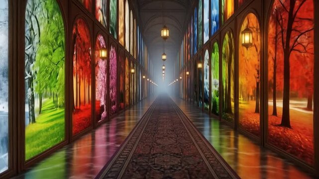 An endless hallway of windows, each window shows a different season, but all are frozen in time