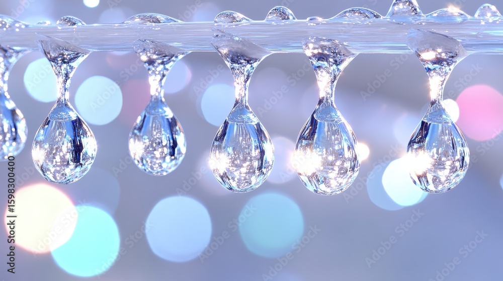 Poster clear water droplets on string with soft colorful background