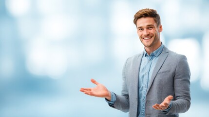 A Gen Z businessman presents confidently with expressive hand gestures in a soft blue meeting room.