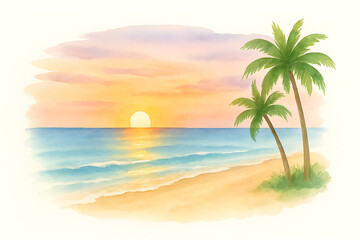 Fototapeta premium A serene watercolor illustration of a tropical beach at sunset with palm trees silhouetted against a colorful sky of orange, pink, and blue reflecting on the calm ocean.