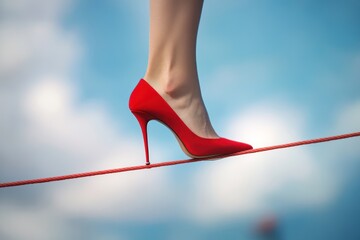 Woman in Red Heels Walking Tightrope Against Sky