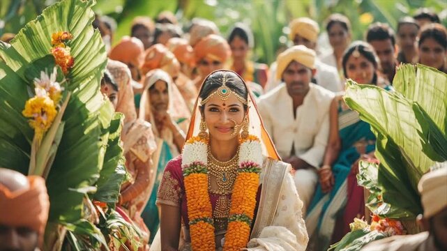 Radiant bride in traditional South Asian wedding attire, surrounded by family and friends amidst lush greenery