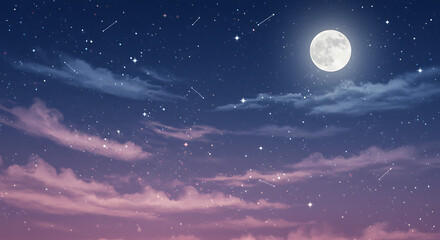 Naklejka premium A breathtaking night sky features a bright full moon, scattered stars, shooting stars, and soft purple and blue clouds, creating a serene celestial landscape.